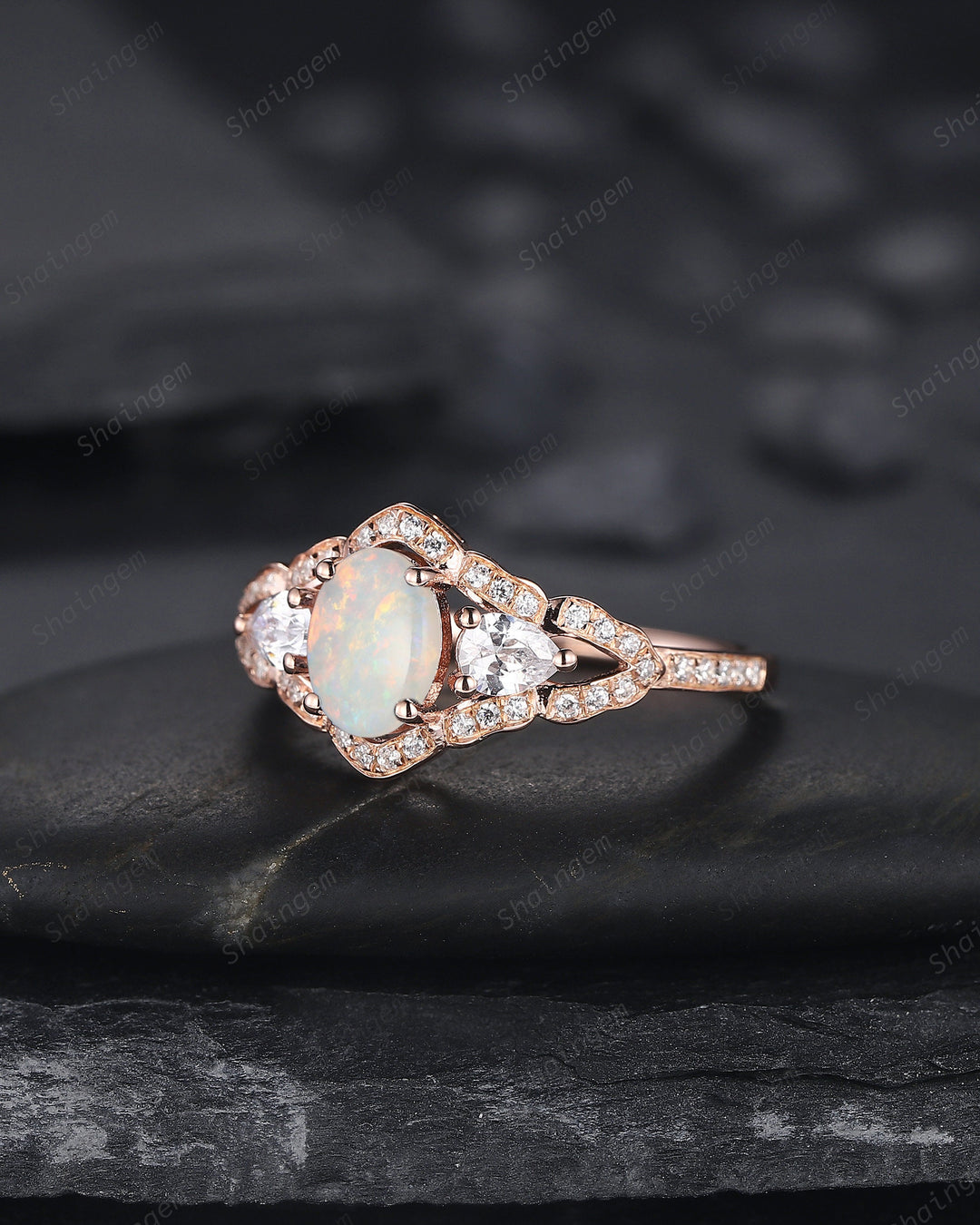 Vintage Oval Shape Natural Australian White Opal Engagement Ring, Unique 14K 18K Rose Gold Cluster Wedding Ring, Opal Promise Ring Gift - ShainJewelry