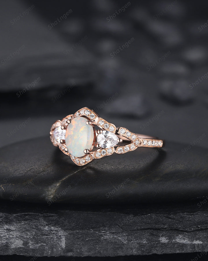 Vintage Oval Shape Natural Australian White Opal Engagement Ring, Unique 14K 18K Rose Gold Cluster Wedding Ring, Opal Promise Ring Gift - ShainJewelry