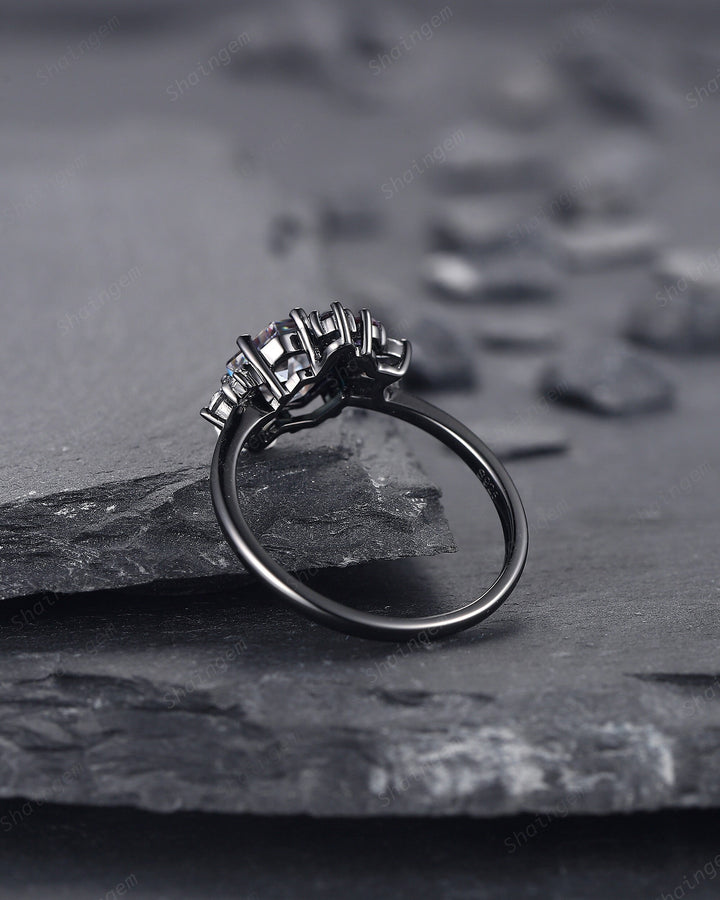 Hexagon Cut Gray Moissanite Black Engagement Ring, Rhodium Black Grey Moissanite Promise Ring, Black Wedding Promise Anniversary Ring Gift - ShainJewelry