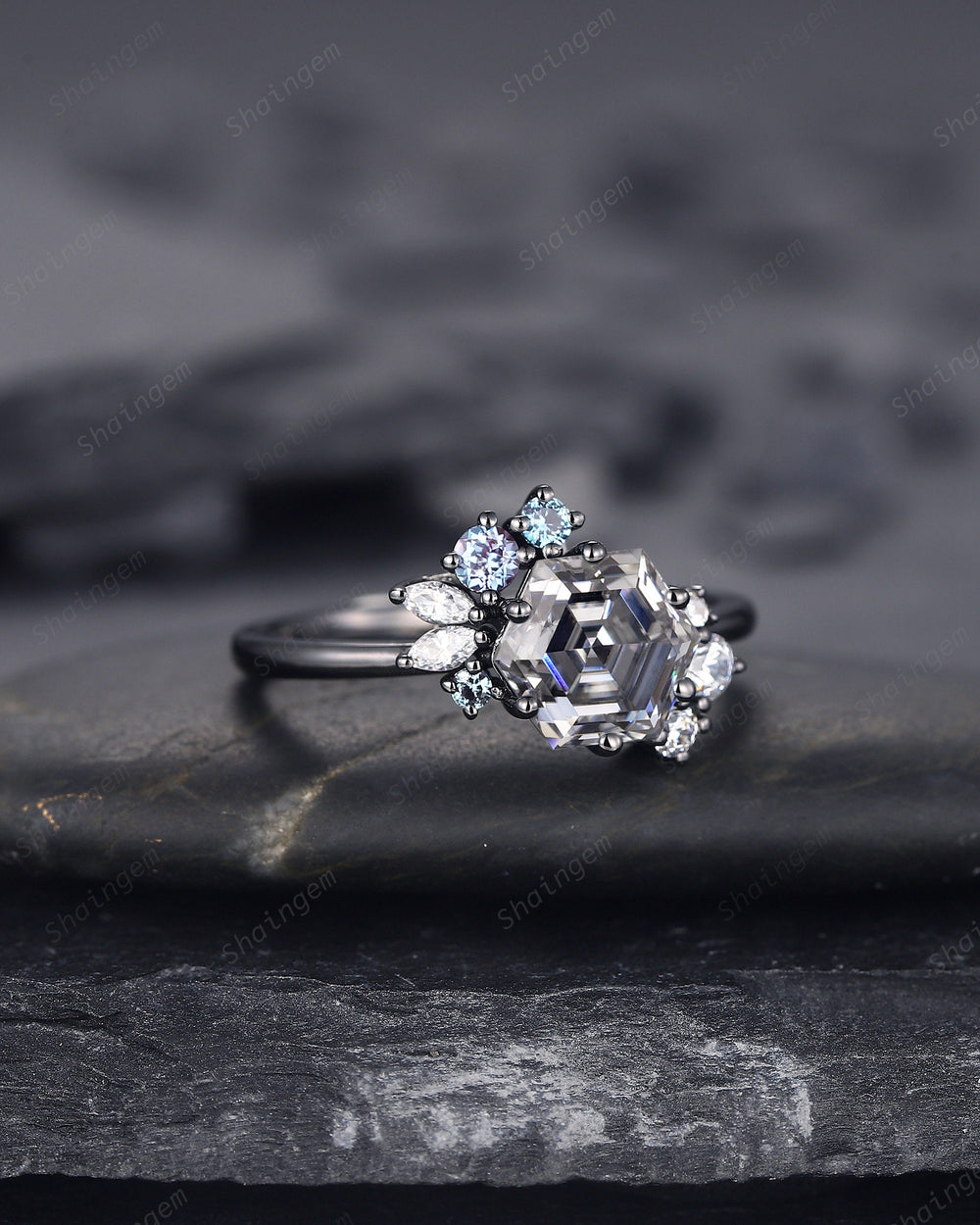 Hexagon Cut Gray Moissanite Black Engagement Ring, Rhodium Black Grey Moissanite Promise Ring, Black Wedding Promise Anniversary Ring Gift - ShainJewelry