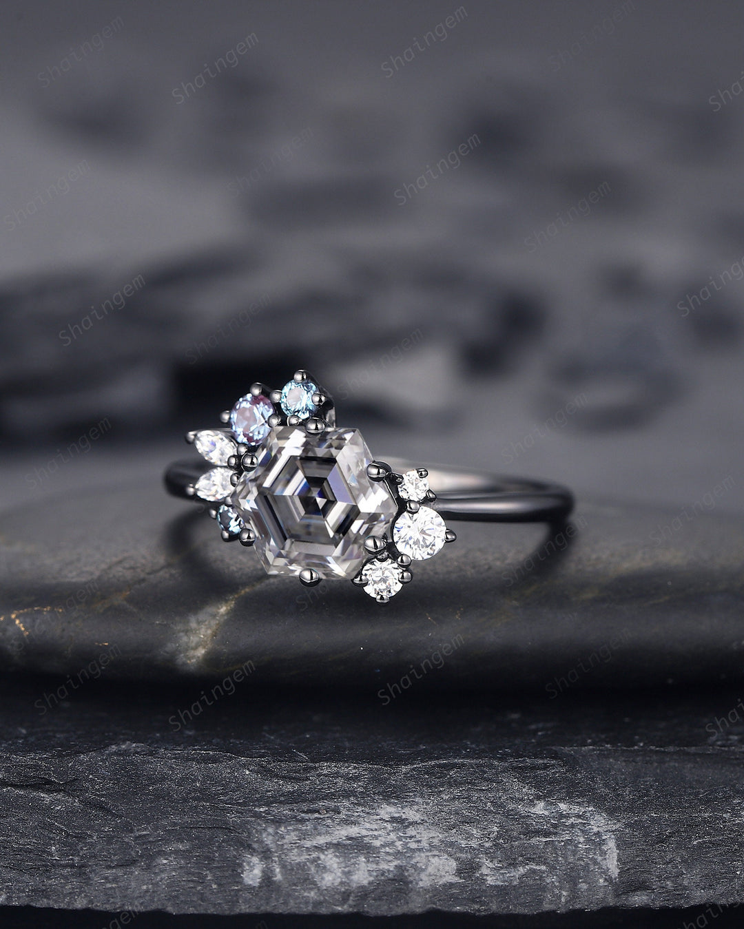 Hexagon Cut Gray Moissanite Black Engagement Ring, Rhodium Black Grey Moissanite Promise Ring, Black Wedding Promise Anniversary Ring Gift - ShainJewelry