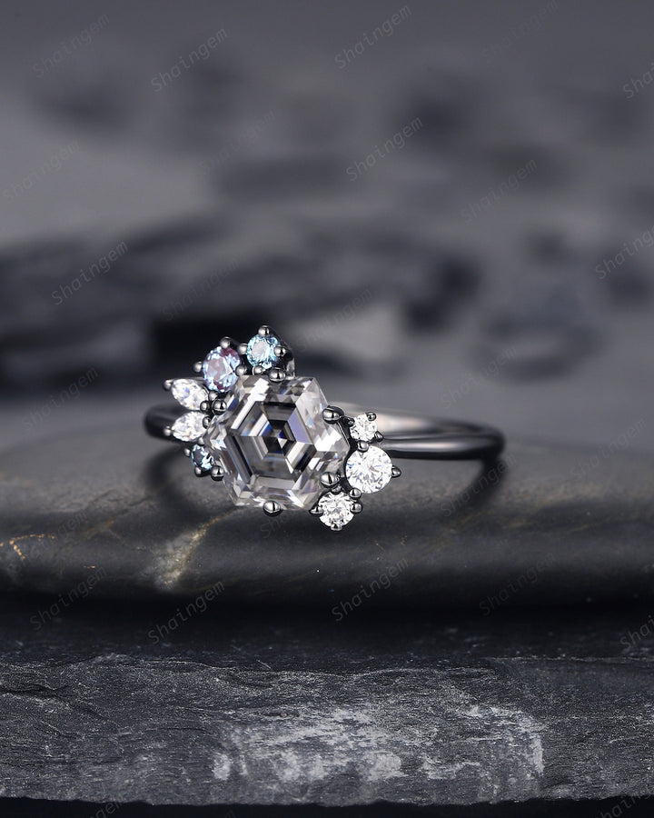 Hexagon Cut Gray Moissanite Black Engagement Ring, Rhodium Black Grey Moissanite Promise Ring, Black Wedding Promise Anniversary Ring Gift - ShainJewelry