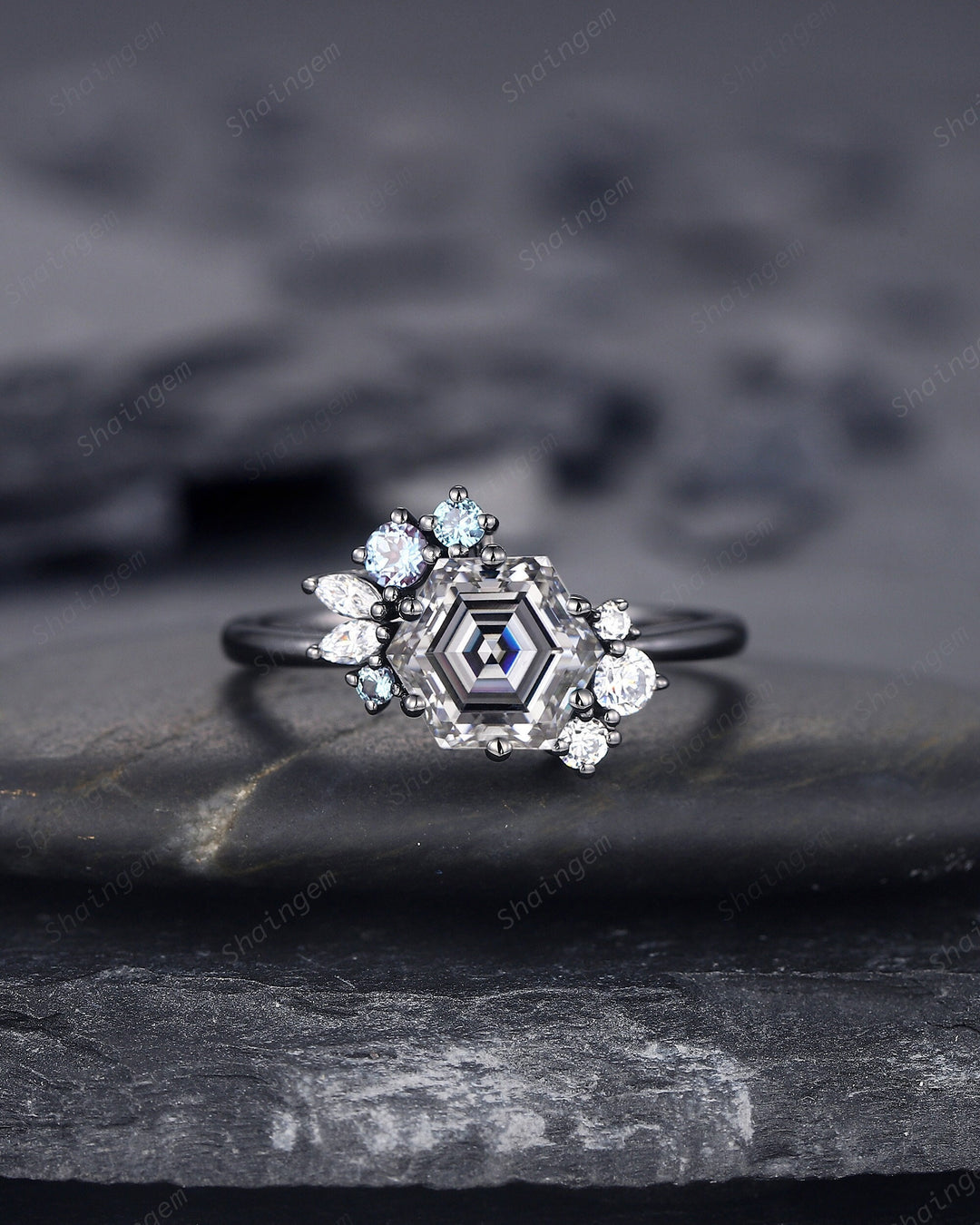 Hexagon Cut Gray Moissanite Black Engagement Ring, Rhodium Black Grey Moissanite Promise Ring, Black Wedding Promise Anniversary Ring Gift - ShainJewelry