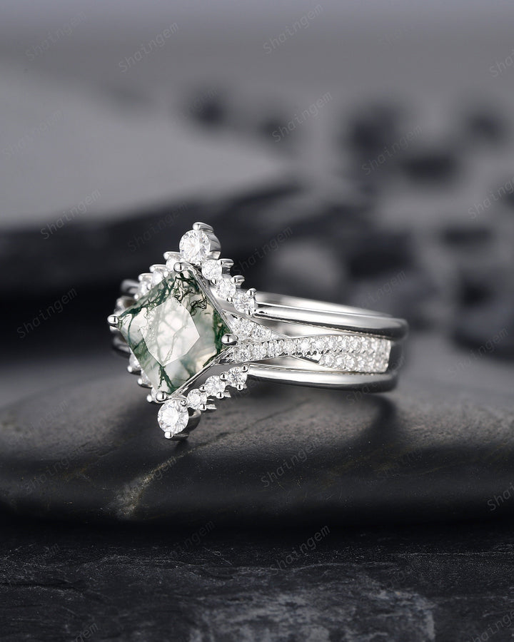 3PCS Princess Cut Moss Agate Engagement Ring, Platinum Moss Agate Bridal Set, Moss Agate Wedding Set, White Gold Promise Ring Gift for Women - ShainJewelry