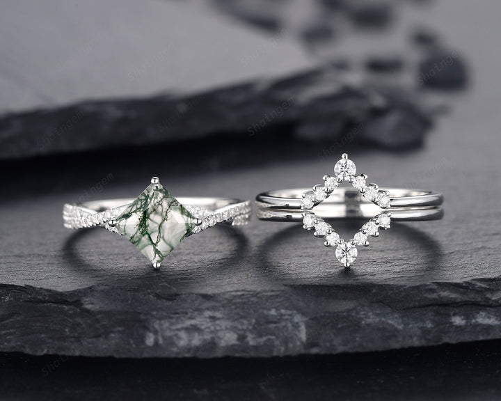 3PCS Princess Cut Moss Agate Engagement Ring, Platinum Moss Agate Bridal Set, Moss Agate Wedding Set, White Gold Promise Ring Gift for Women - ShainJewelry
