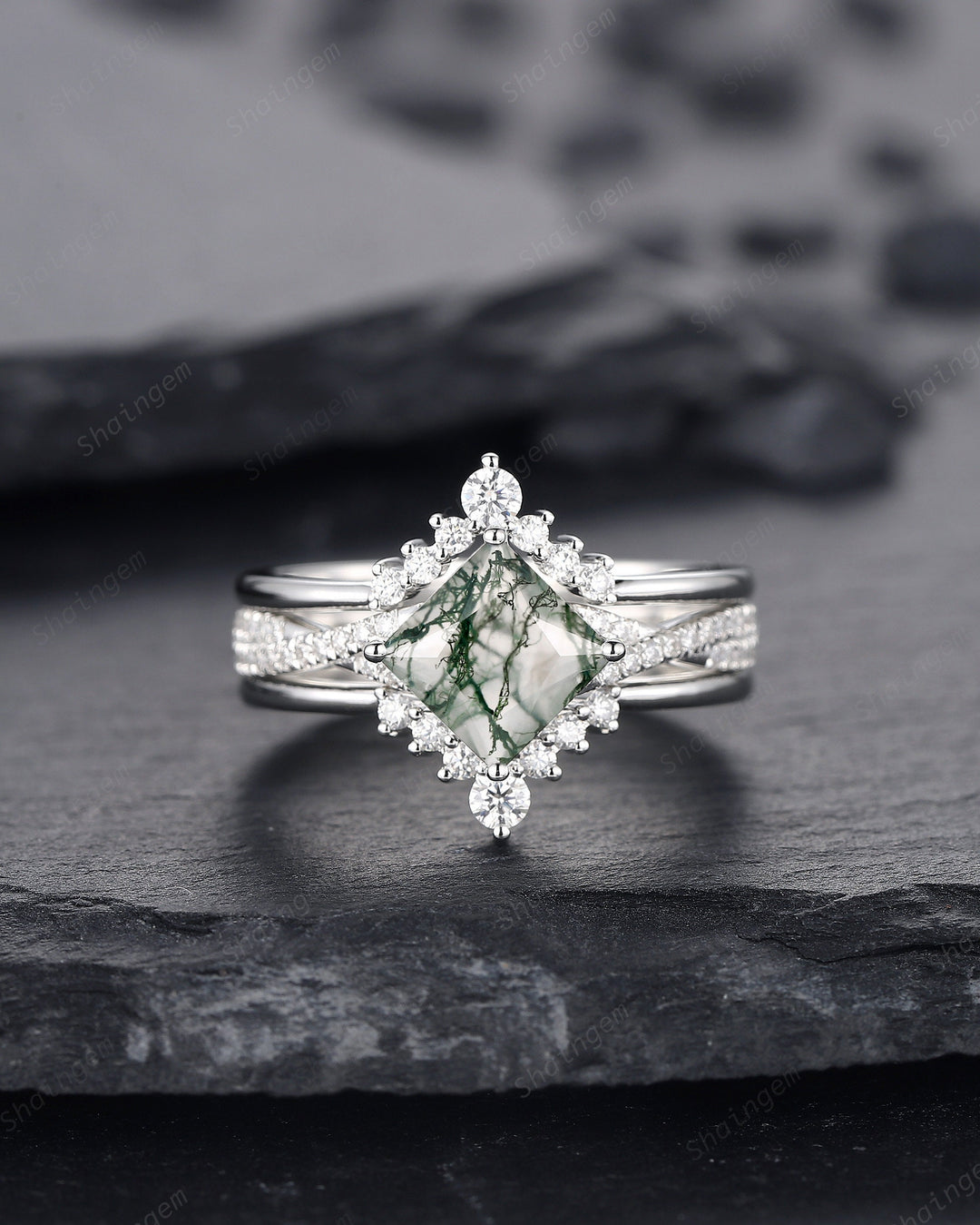 3PCS Princess Cut Moss Agate Engagement Ring, Platinum Moss Agate Bridal Set, Moss Agate Wedding Set, White Gold Promise Ring Gift for Women - ShainJewelry