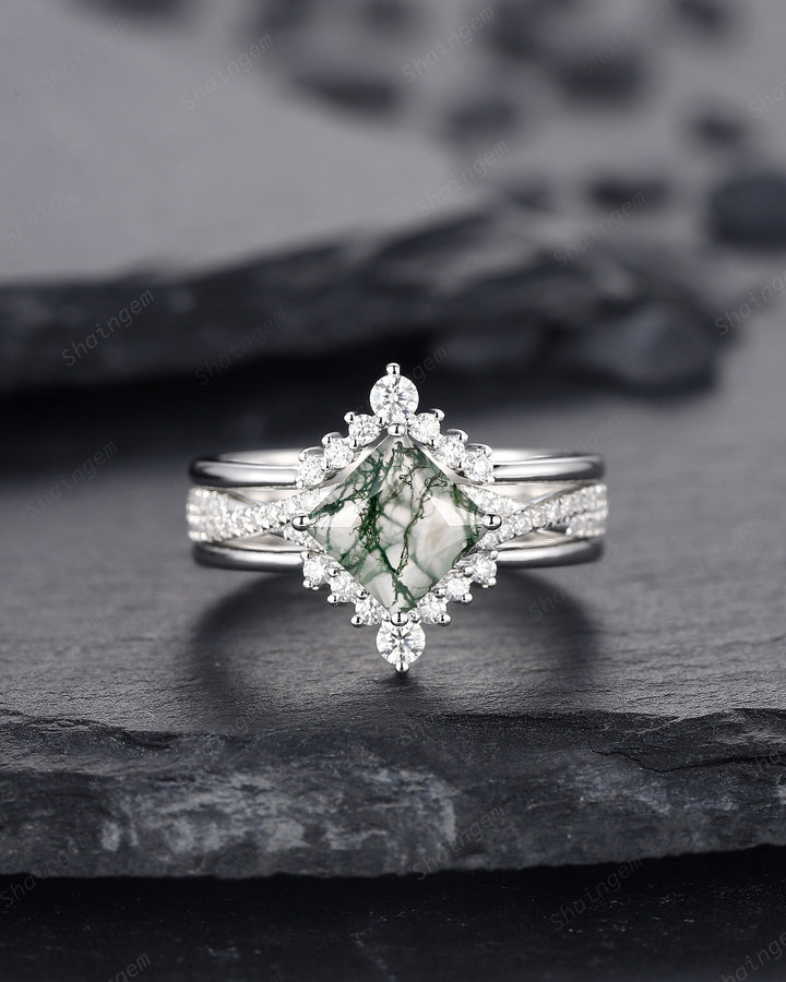 3PCS Princess Cut Moss Agate Engagement Ring, Platinum Moss Agate Bridal Set, Moss Agate Wedding Set, White Gold Promise Ring Gift for Women - ShainJewelry