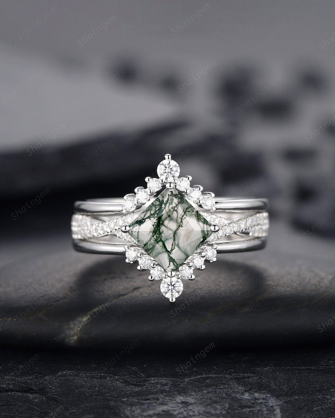 3PCS Princess Cut Moss Agate Engagement Ring, Platinum Moss Agate Bridal Set, Moss Agate Wedding Set, White Gold Promise Ring Gift for Women - ShainJewelry