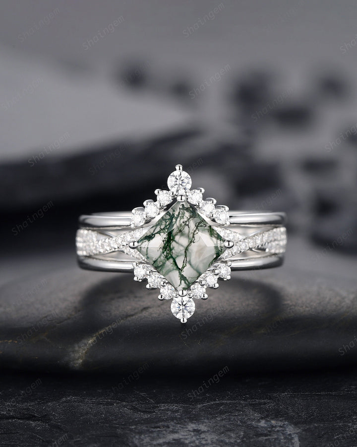 3PCS Princess Cut Moss Agate Engagement Ring, Platinum Moss Agate Bridal Set, Moss Agate Wedding Set, White Gold Promise Ring Gift for Women - ShainJewelry