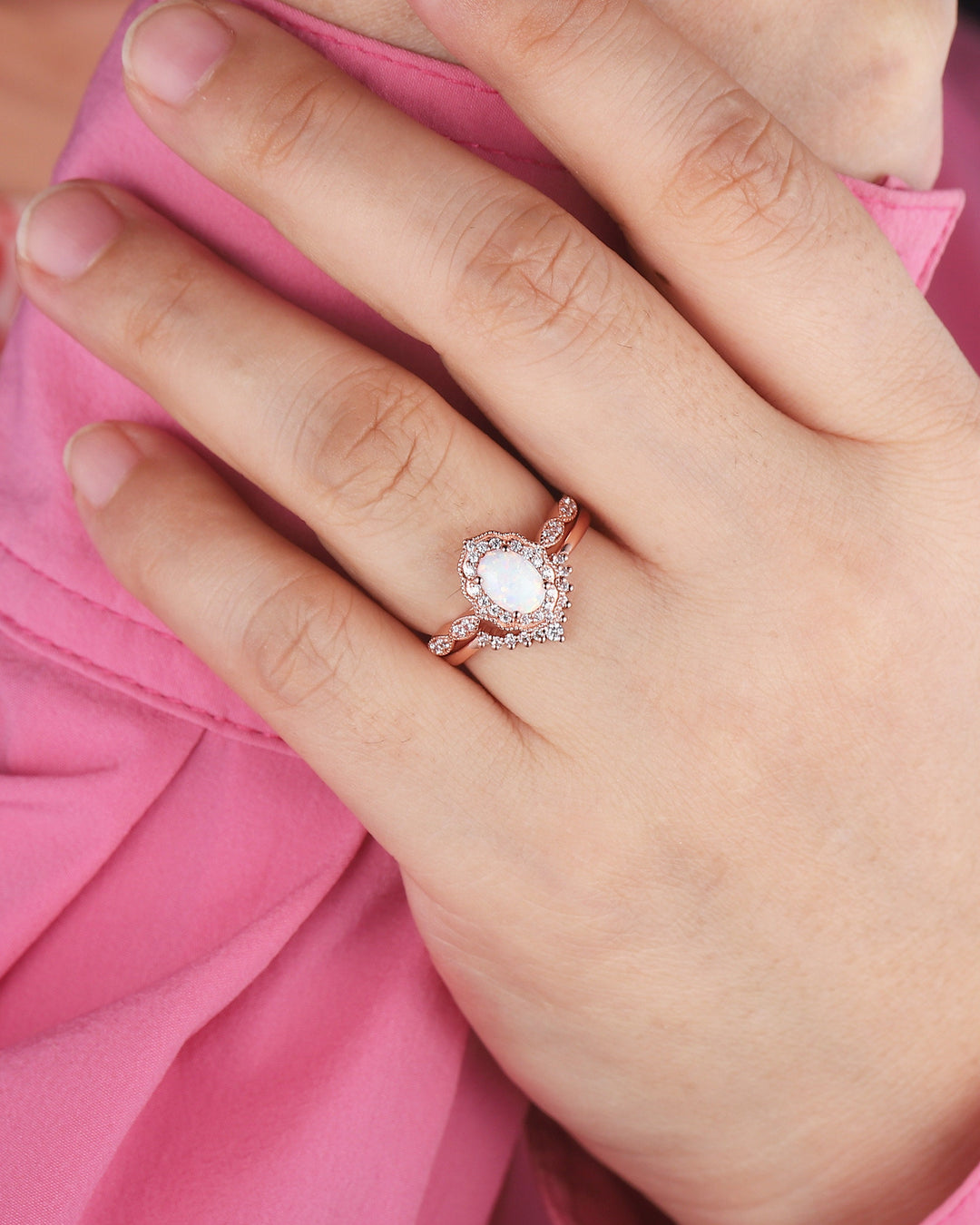 Vintage Oval Shape White Fire Opal and Diamond Engagement Ring Set, 14K Rose Gold Opal Wedding Ring, Floral Opal Halo Promise Ring Gift - ShainJewelry