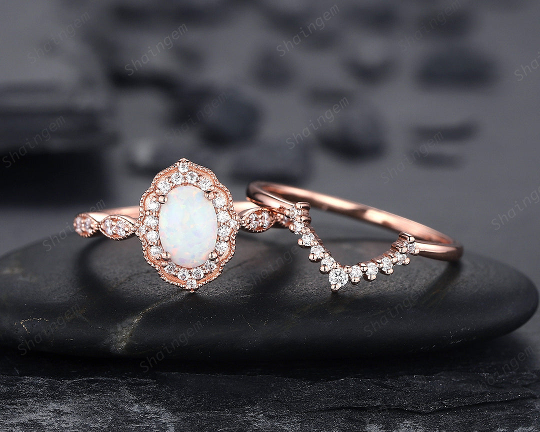Vintage Oval Shape White Fire Opal and Diamond Engagement Ring Set, 14K Rose Gold Opal Wedding Ring, Floral Opal Halo Promise Ring Gift - ShainJewelry
