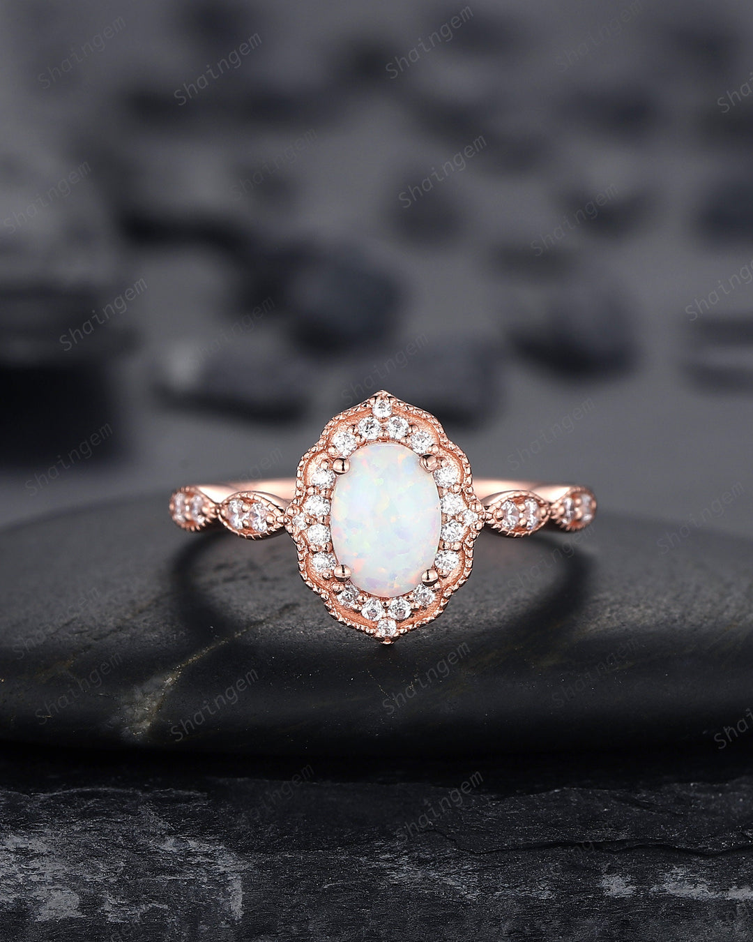 Vintage Oval Shape White Fire Opal and Diamond Engagement Ring Set, 14K Rose Gold Opal Wedding Ring, Floral Opal Halo Promise Ring Gift - ShainJewelry
