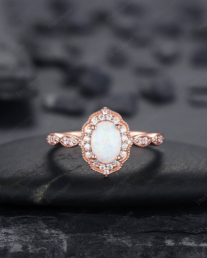 Vintage Oval Shape White Fire Opal and Diamond Engagement Ring Set, 14K Rose Gold Opal Wedding Ring, Floral Opal Halo Promise Ring Gift - ShainJewelry