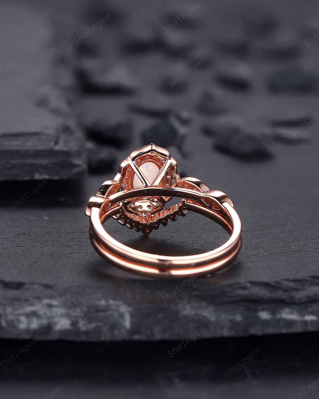 Vintage Oval Shape White Fire Opal and Diamond Engagement Ring Set, 14K Rose Gold Opal Wedding Ring, Floral Opal Halo Promise Ring Gift - ShainJewelry