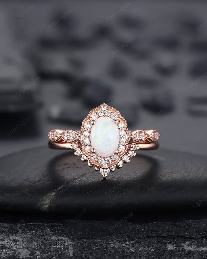 Vintage Oval Shape White Fire Opal and Diamond Engagement Ring Set, 14K Rose Gold Opal Wedding Ring, Floral Opal Halo Promise Ring Gift - ShainJewelry