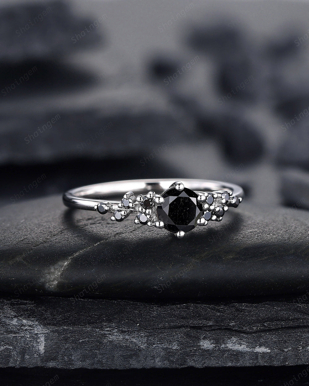 Natural Black Diamond Ring ,14K 18K White Gold 0.5 CT Round Black Diamond Snowdrift Promise Ring, Cluster Wedding Anniversary Ring Gift - ShainJewelry