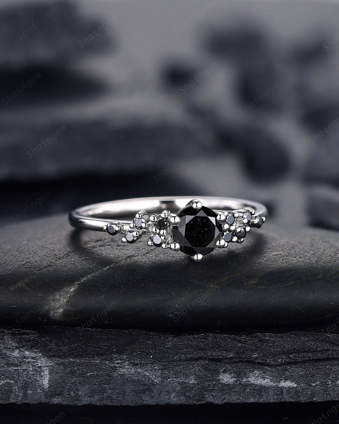 Natural Black Diamond Ring ,14K 18K White Gold 0.5 CT Round Black Diamond Snowdrift Promise Ring, Cluster Wedding Anniversary Ring Gift - ShainJewelry