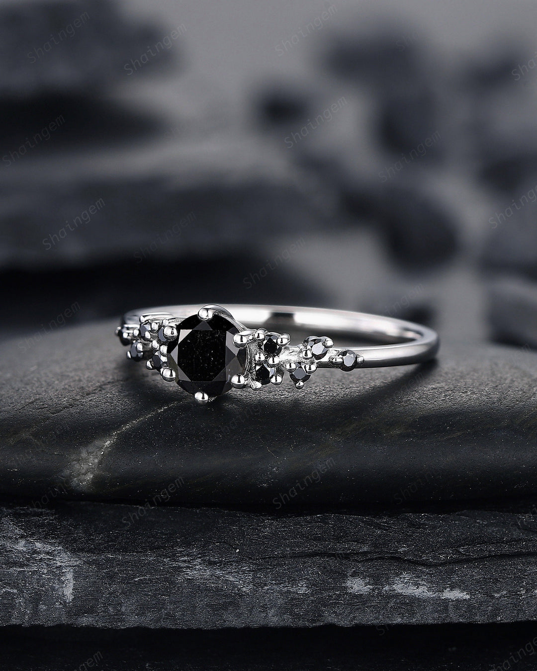Natural Black Diamond Ring ,14K 18K White Gold 0.5 CT Round Black Diamond Snowdrift Promise Ring, Cluster Wedding Anniversary Ring Gift - ShainJewelry