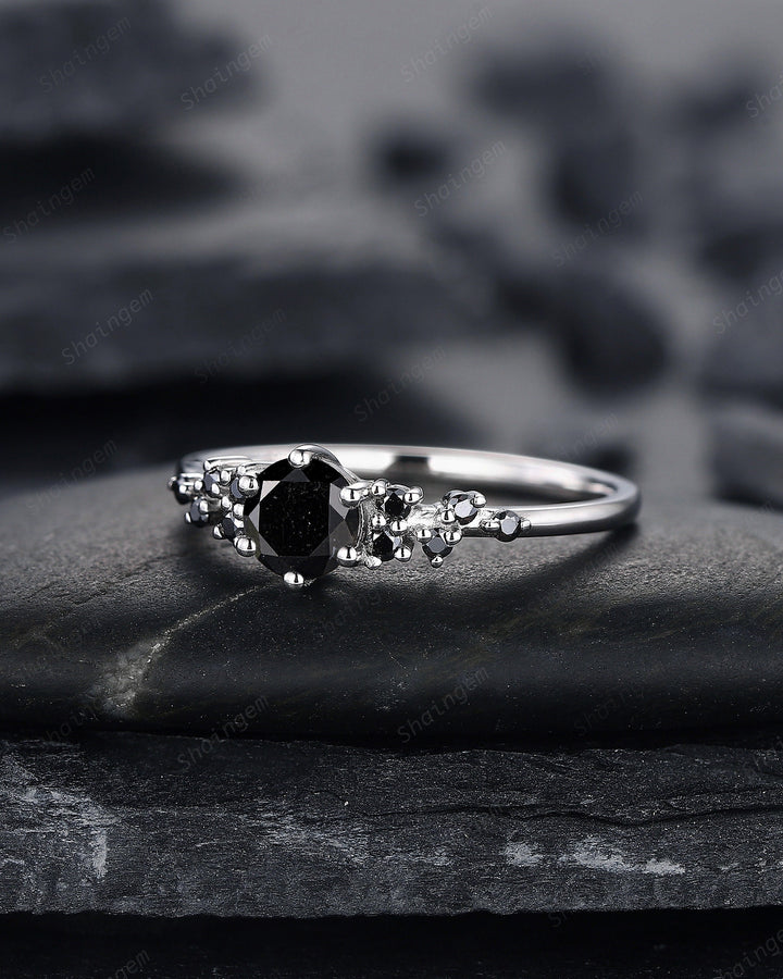 Natural Black Diamond Ring ,14K 18K White Gold 0.5 CT Round Black Diamond Snowdrift Promise Ring, Cluster Wedding Anniversary Ring Gift - ShainJewelry