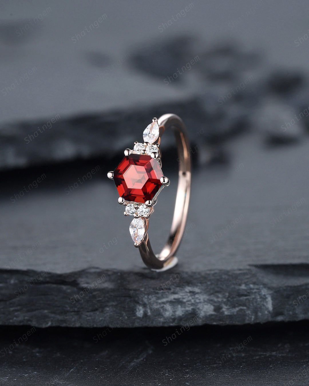 Unique Hexagon Cut Garnet Engagement Ring Set, Vintage Red Garnet Wedding Ring, 14K Rose Gold Garnet Promise Ring, Art Deco Garnet Ring - ShainJewelry