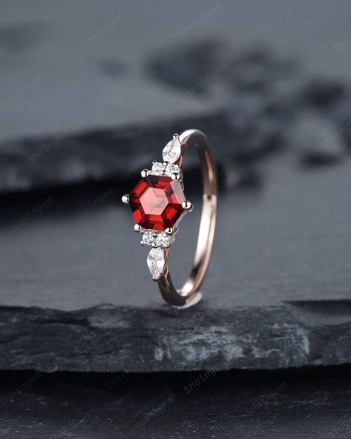 Unique Hexagon Cut Garnet Engagement Ring Set, Vintage Red Garnet Wedding Ring, 14K Rose Gold Garnet Promise Ring, Art Deco Garnet Ring - ShainJewelry