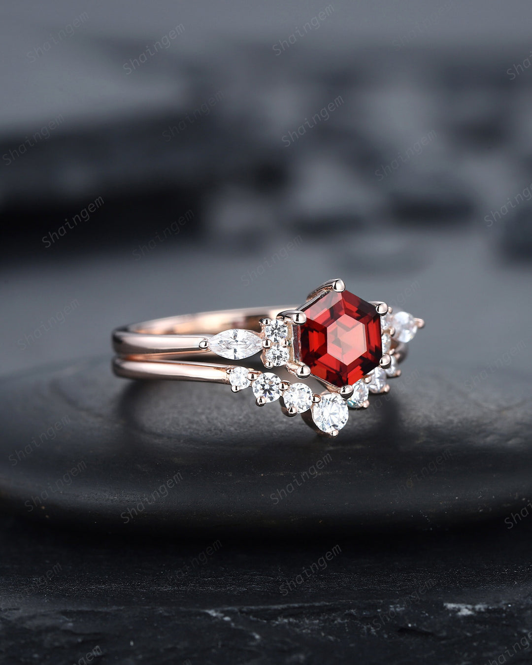 Unique Hexagon Cut Garnet Engagement Ring Set, Vintage Red Garnet Wedding Ring, 14K Rose Gold Garnet Promise Ring, Art Deco Garnet Ring - ShainJewelry