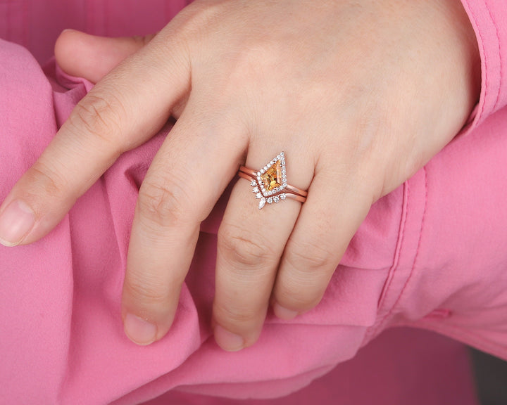 Vintage Kite Cut Citrine Engagement Ring Set, V Shape 14K Rose Gold Citrine Halo Promise Ring, Citrine Bridal Set, Wedding Ring Gift for her - ShainJewelry