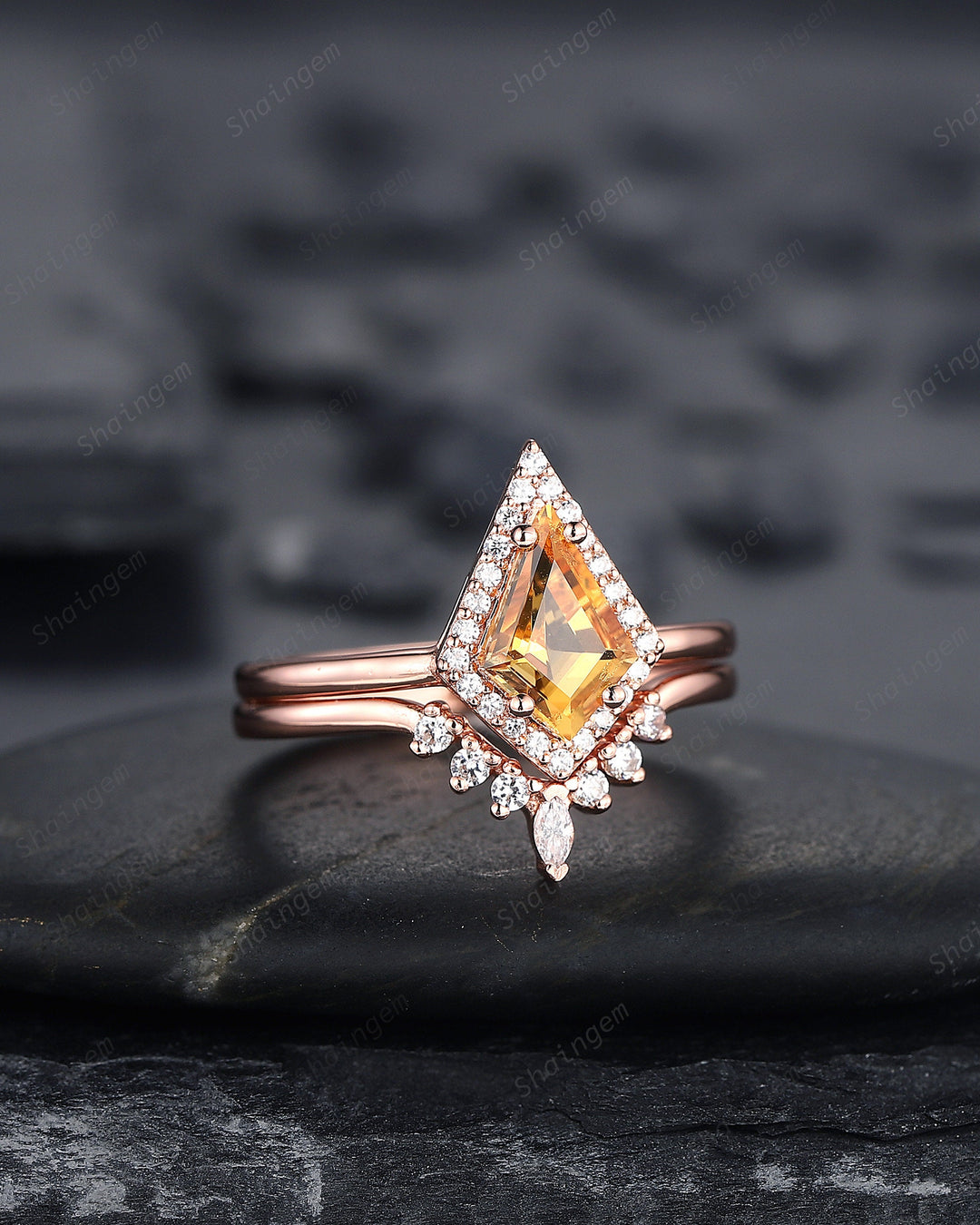 Vintage Kite Cut Citrine Engagement Ring Set, V Shape 14K Rose Gold Citrine Halo Promise Ring, Citrine Bridal Set, Wedding Ring Gift for her - ShainJewelry