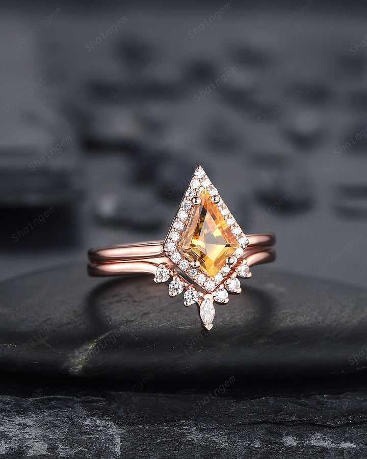 Vintage Kite Cut Citrine Engagement Ring Set, V Shape 14K Rose Gold Citrine Halo Promise Ring, Citrine Bridal Set, Wedding Ring Gift for her - ShainJewelry