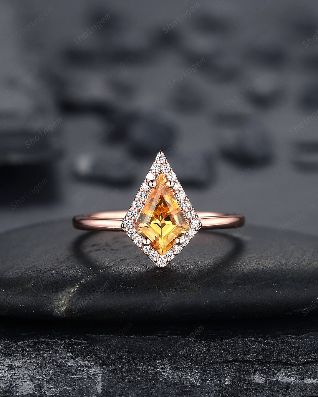 Vintage Kite Cut Citrine Engagement Ring Set, V Shape 14K Rose Gold Citrine Halo Promise Ring, Citrine Bridal Set, Wedding Ring Gift for her - ShainJewelry