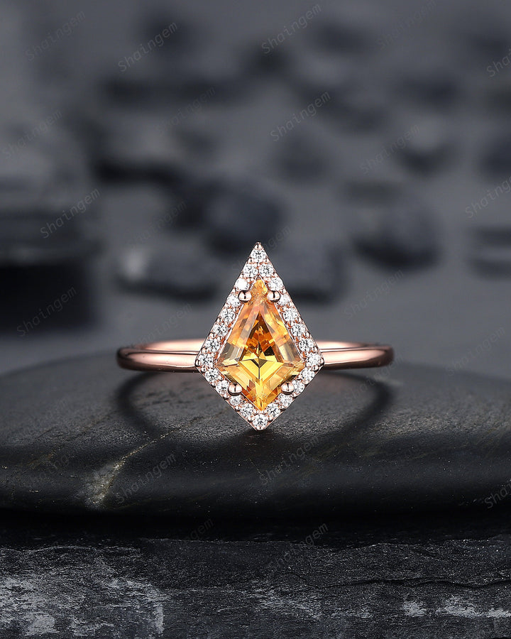 Vintage Kite Cut Citrine Engagement Ring Set, V Shape 14K Rose Gold Citrine Halo Promise Ring, Citrine Bridal Set, Wedding Ring Gift for her - ShainJewelry