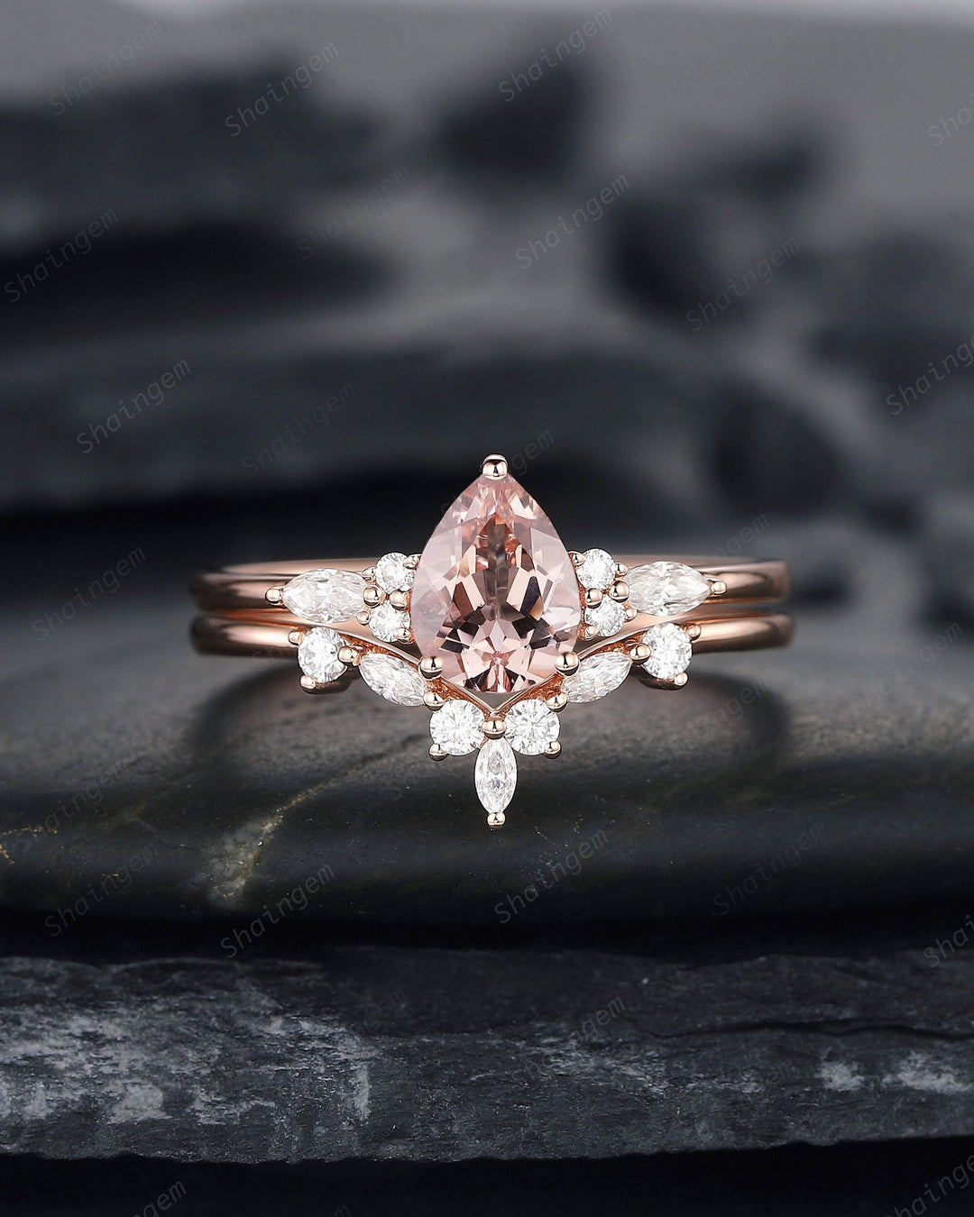 Vintage Pear Cut Pink Morganite and Diamond Bridal Set, Morganite Engagement Ring Set 14K Rose Gold Marquise Moissanite Promise Wedding Set - ShainJewelry
