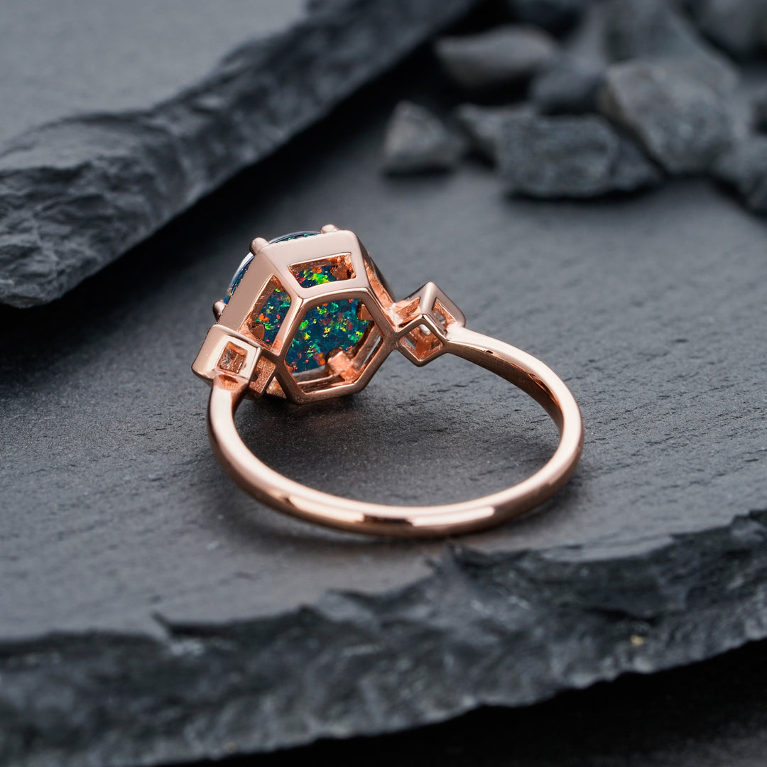 Vintage Hexagonal Black Opal Engagement Ring, 14K Rose Gold Mixed Fire Opal Promise Ring, Black Fire Opal Wedding Anniversary Ring for Mom - ShainJewelry