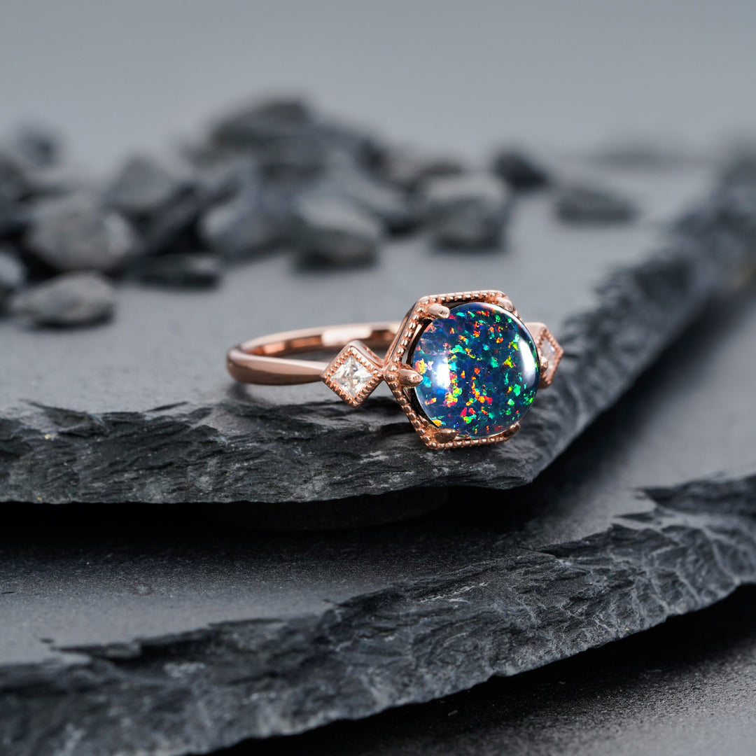 Vintage Hexagonal Black Opal Engagement Ring, 14K Rose Gold Mixed Fire Opal Promise Ring, Black Fire Opal Wedding Anniversary Ring for Mom - ShainJewelry