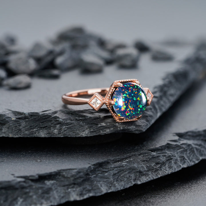 Vintage Hexagonal Black Opal Engagement Ring, 14K Rose Gold Mixed Fire Opal Promise Ring, Black Fire Opal Wedding Anniversary Ring for Mom - ShainJewelry