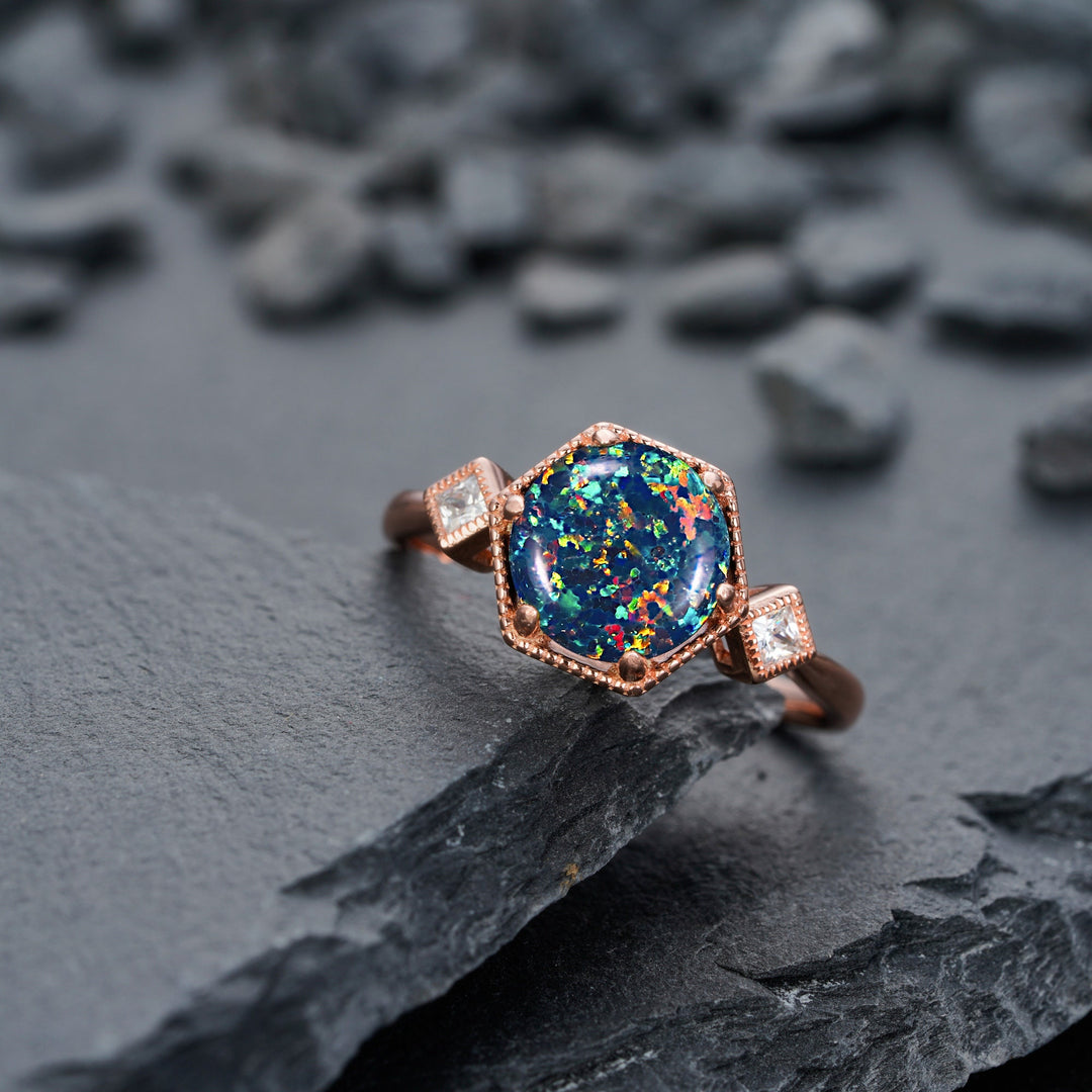 Vintage Hexagonal Black Opal Engagement Ring, 14K Rose Gold Mixed Fire Opal Promise Ring, Black Fire Opal Wedding Anniversary Ring for Mom - ShainJewelry