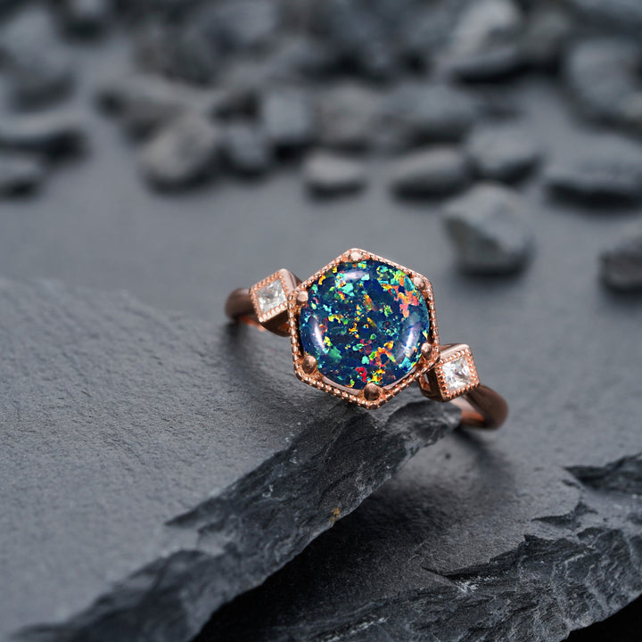 Vintage Hexagonal Black Opal Engagement Ring, 14K Rose Gold Mixed Fire Opal Promise Ring, Black Fire Opal Wedding Anniversary Ring for Mom - ShainJewelry