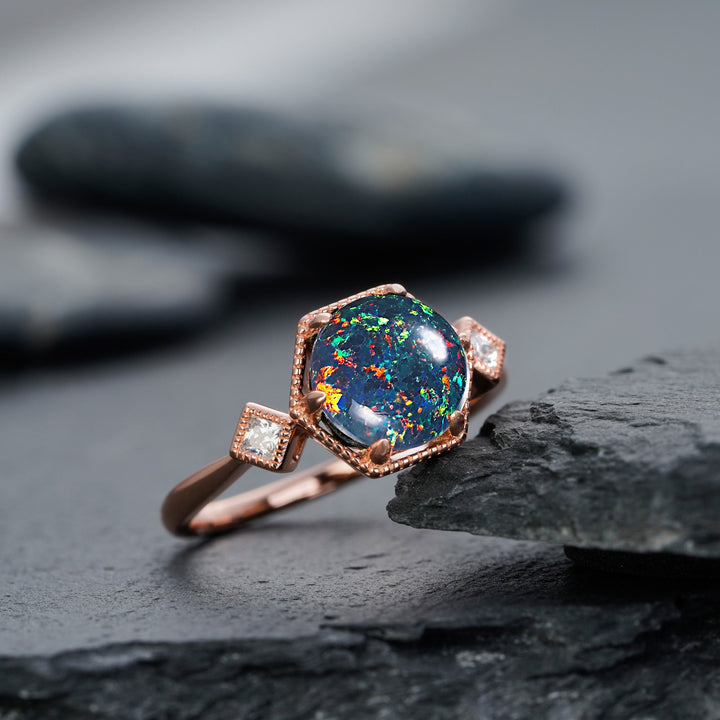 Vintage Hexagonal Black Opal Engagement Ring, 14K Rose Gold Mixed Fire Opal Promise Ring, Black Fire Opal Wedding Anniversary Ring for Mom - ShainJewelry