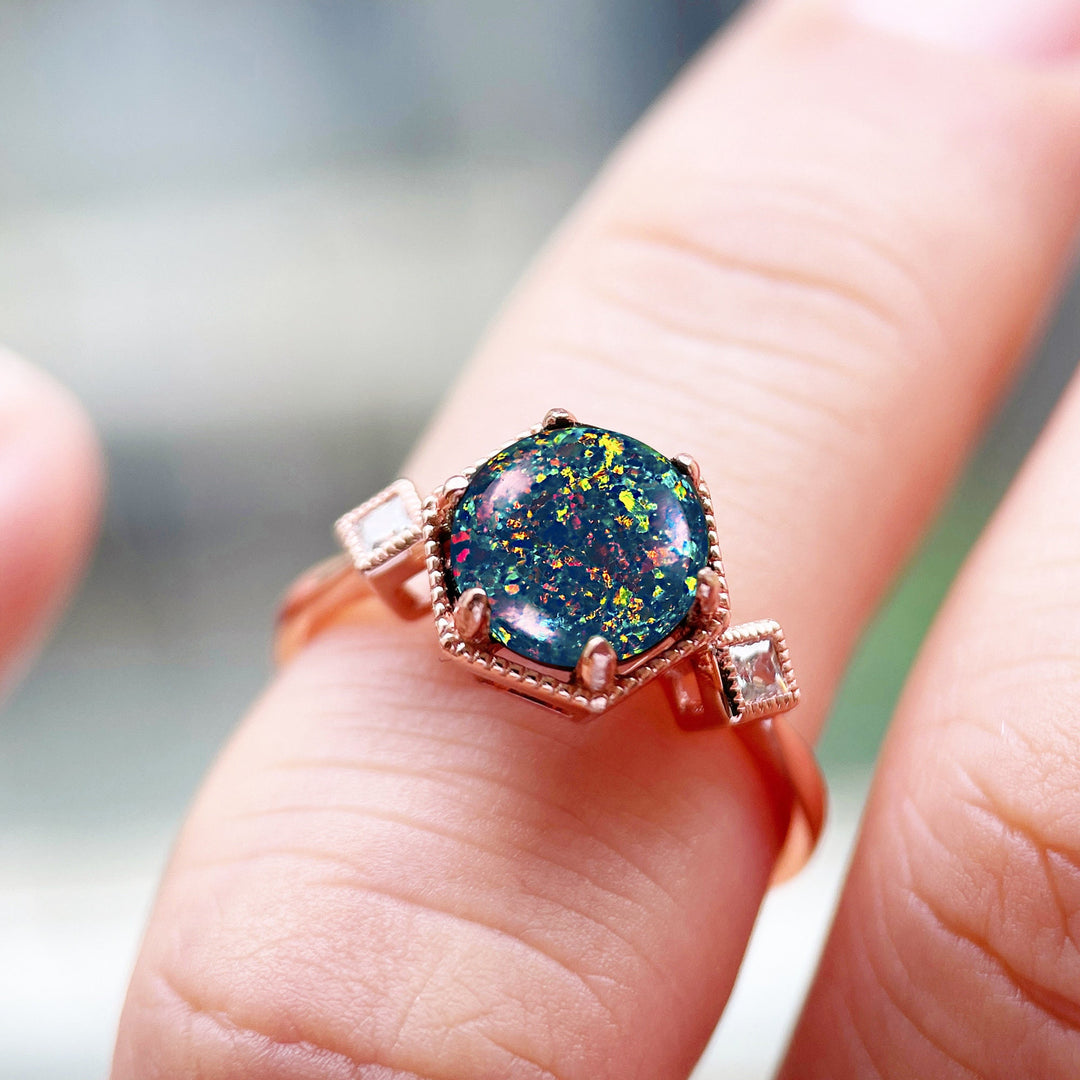 Vintage Hexagonal Black Opal Engagement Ring, 14K Rose Gold Mixed Fire Opal Promise Ring, Black Fire Opal Wedding Anniversary Ring for Mom - ShainJewelry