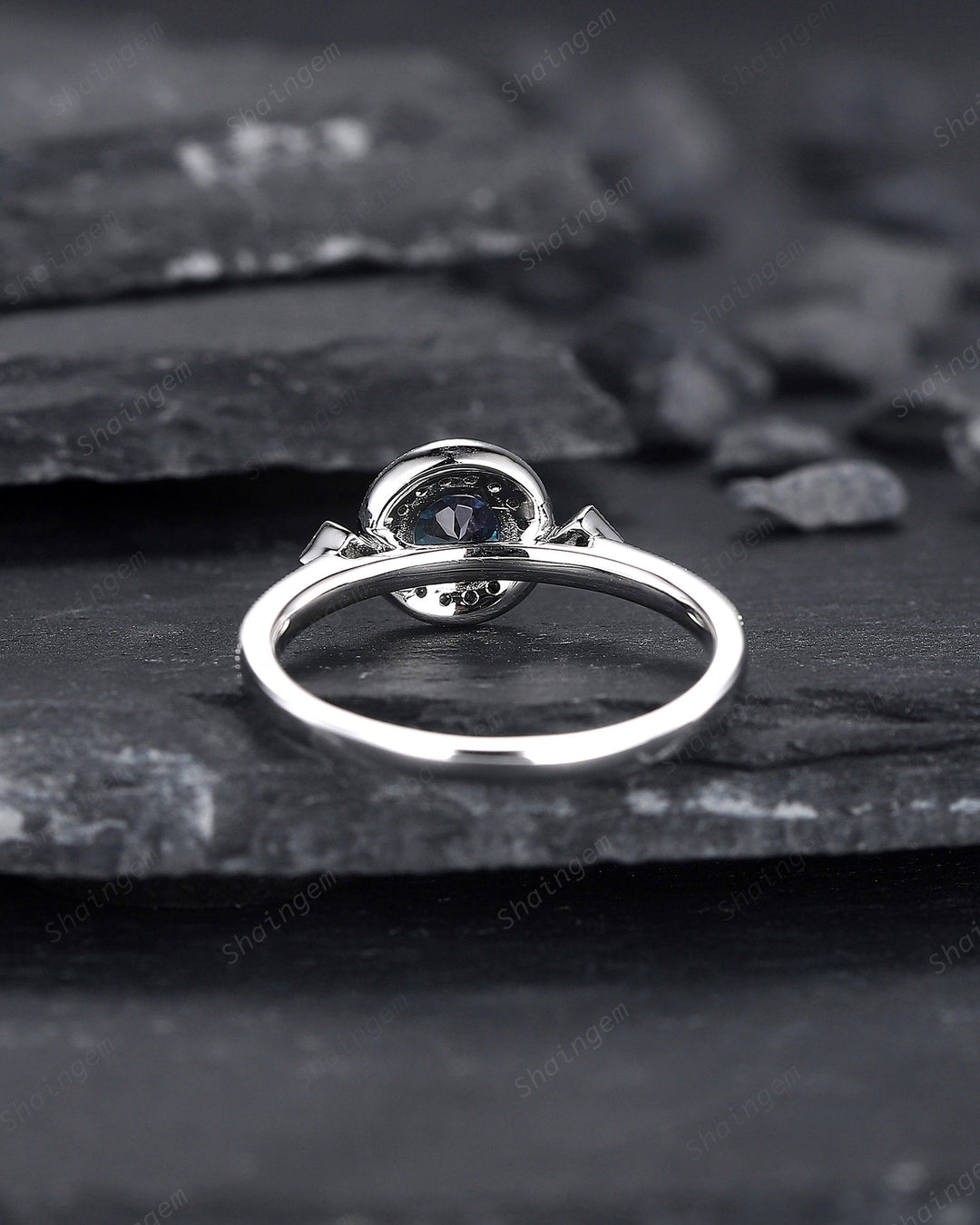 Round Shape Alexandrite Engagement Ring, Alexandrite Halo Wedding Ring, Half Eternity Black Moissanite Promise Ring Gift, June Birthstone - ShainJewelry