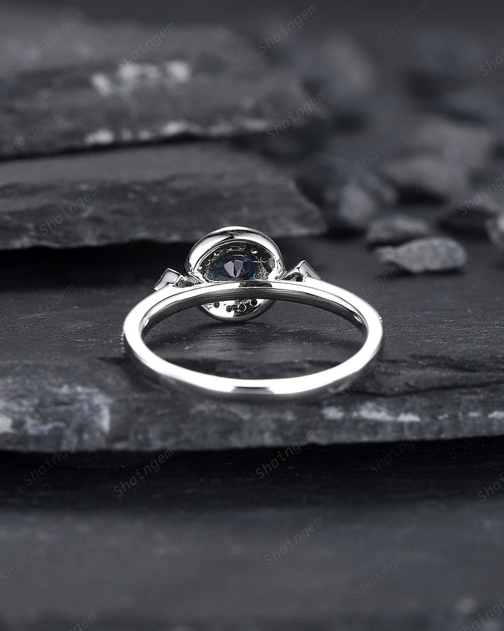 Round Shape Alexandrite Engagement Ring, Alexandrite Halo Wedding Ring, Half Eternity Black Moissanite Promise Ring Gift, June Birthstone - ShainJewelry
