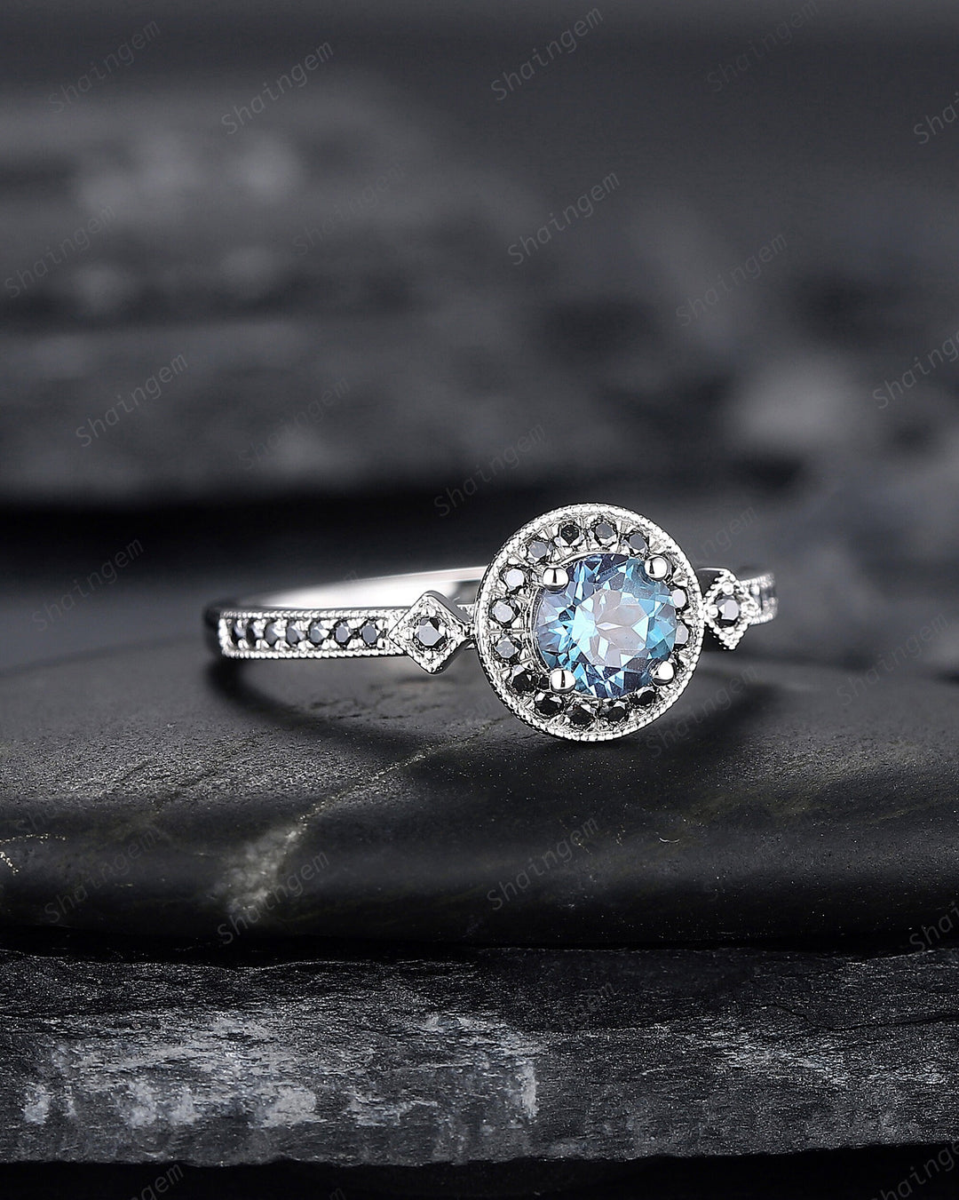 Round Shape Alexandrite Engagement Ring, Alexandrite Halo Wedding Ring, Half Eternity Black Moissanite Promise Ring Gift, June Birthstone - ShainJewelry