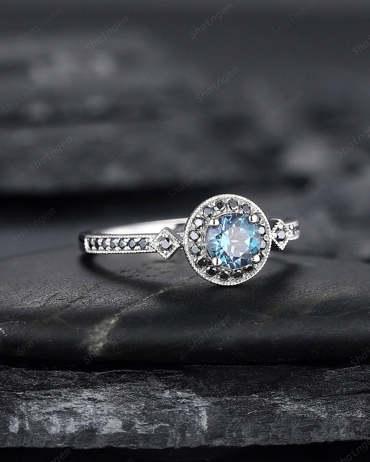 Round Shape Alexandrite Engagement Ring, Alexandrite Halo Wedding Ring, Half Eternity Black Moissanite Promise Ring Gift, June Birthstone - ShainJewelry