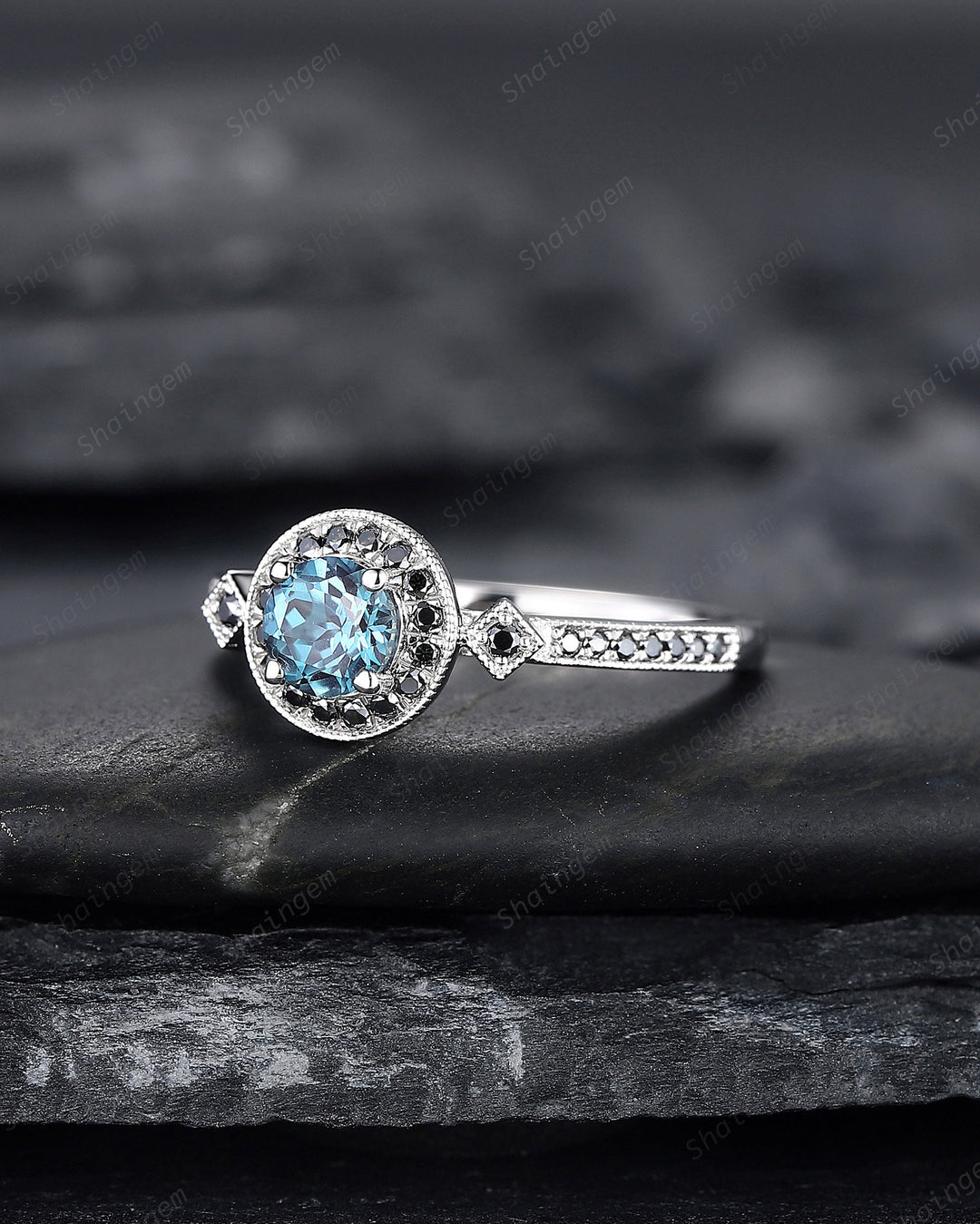 Round Shape Alexandrite Engagement Ring, Alexandrite Halo Wedding Ring, Half Eternity Black Moissanite Promise Ring Gift, June Birthstone - ShainJewelry