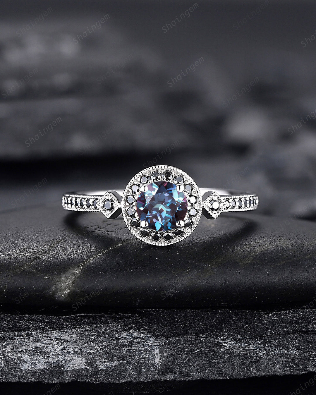 Round Shape Alexandrite Engagement Ring, Alexandrite Halo Wedding Ring, Half Eternity Black Moissanite Promise Ring Gift, June Birthstone - ShainJewelry