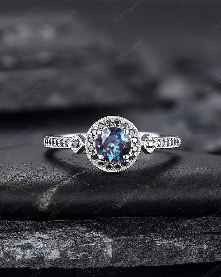 Round Shape Alexandrite Engagement Ring, Alexandrite Halo Wedding Ring, Half Eternity Black Moissanite Promise Ring Gift, June Birthstone - ShainJewelry