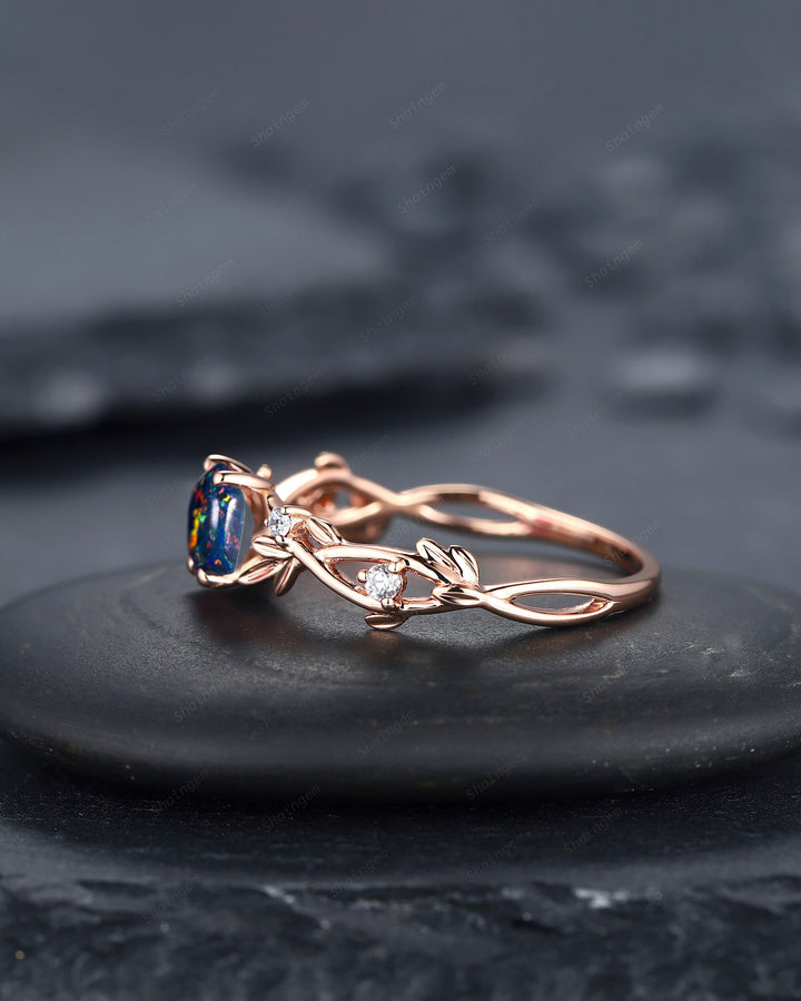 Hexagon Cut Black Fire Opal Leaf Engagement Ring, Dainty Twig Branch Promise Ring, Unique Rose Gold Mixed Color Opal Wedding Ring Gift - ShainJewelry