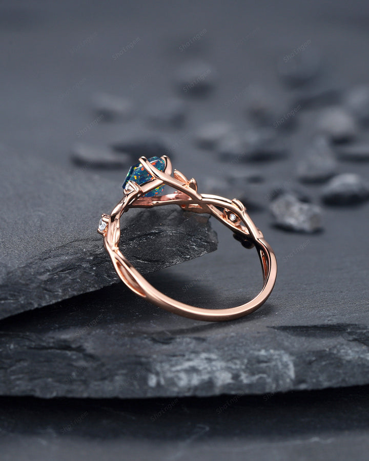 Hexagon Cut Black Fire Opal Leaf Engagement Ring, Dainty Twig Branch Promise Ring, Unique Rose Gold Mixed Color Opal Wedding Ring Gift - ShainJewelry
