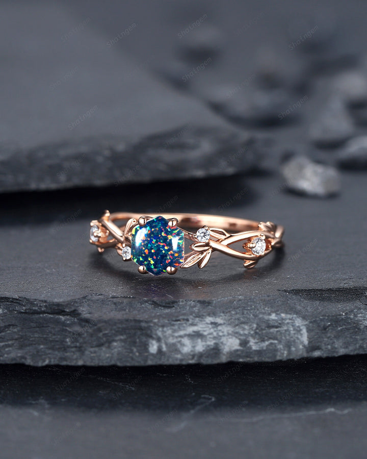Hexagon Cut Black Fire Opal Leaf Engagement Ring, Dainty Twig Branch Promise Ring, Unique Rose Gold Mixed Color Opal Wedding Ring Gift - ShainJewelry