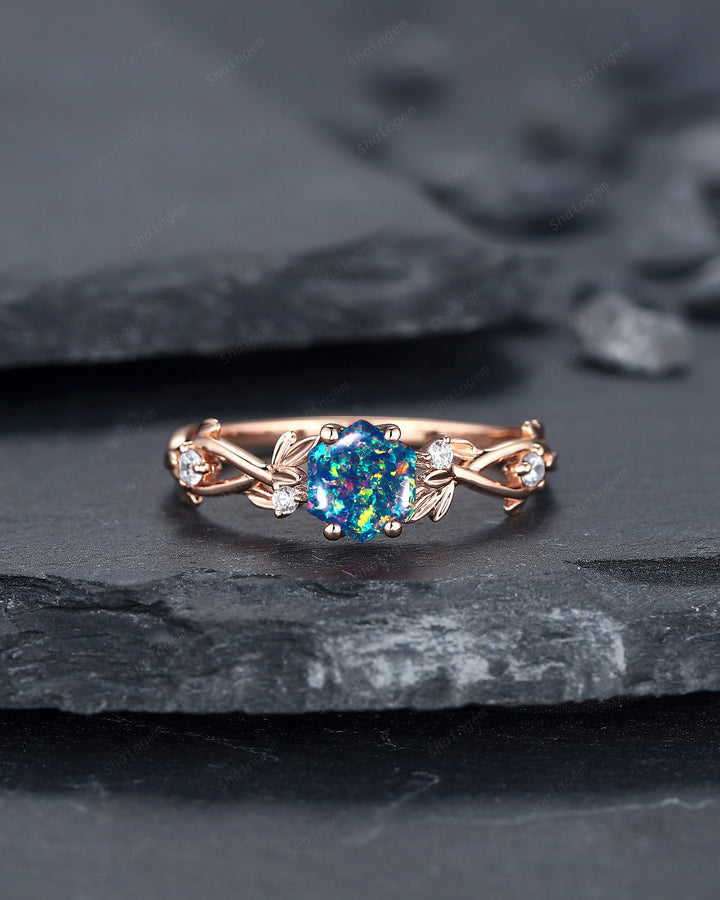 Hexagon Cut Black Fire Opal Leaf Engagement Ring, Dainty Twig Branch Promise Ring, Unique Rose Gold Mixed Color Opal Wedding Ring Gift - ShainJewelry